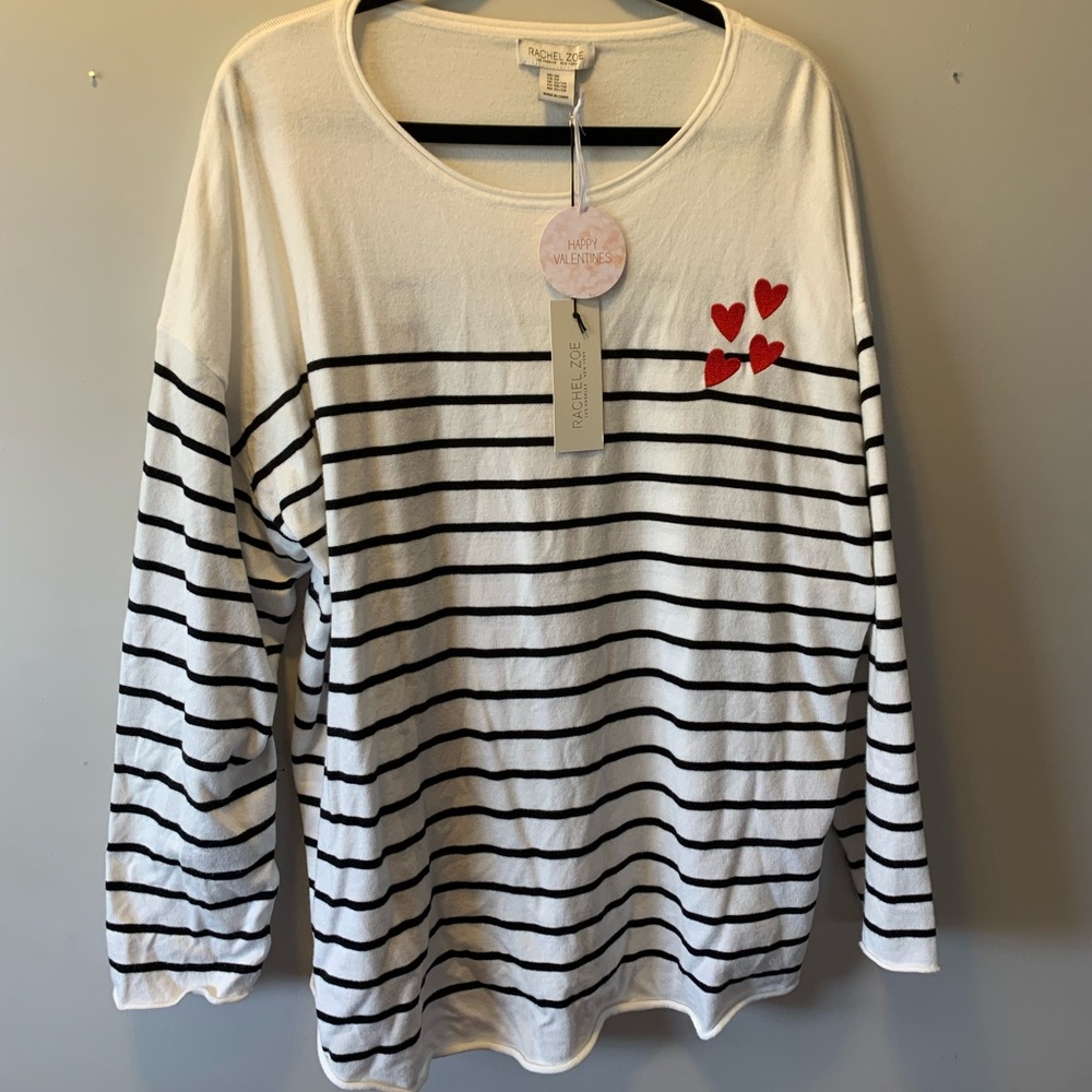 Rachel Zoe Valentine Black & White Striped Sweater Embroidered Hearts 2X
